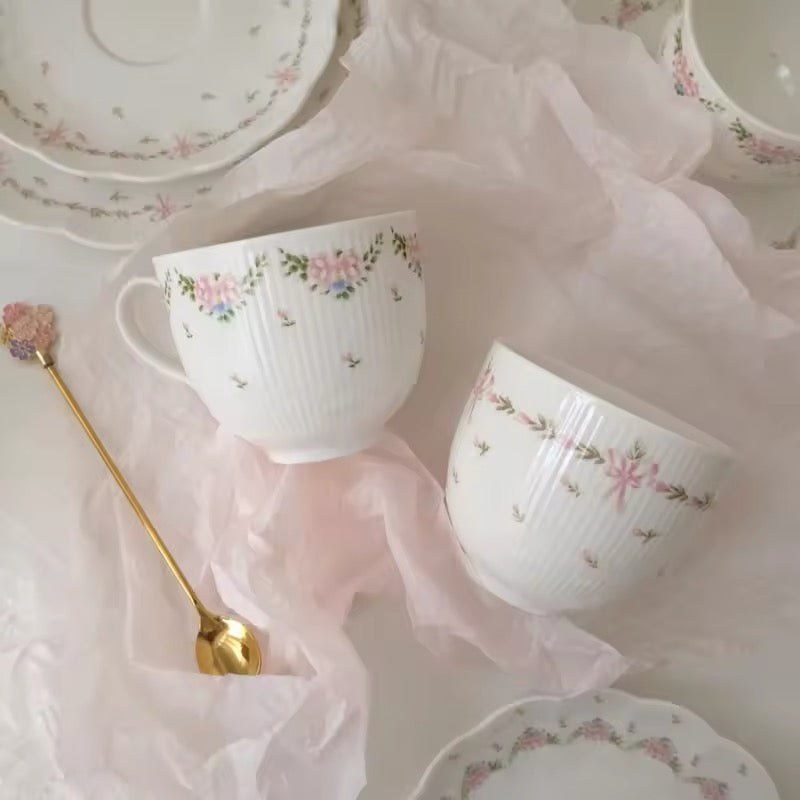Floral Pink Ceramic Ribbon Porcelain Teacup And Saucer Set