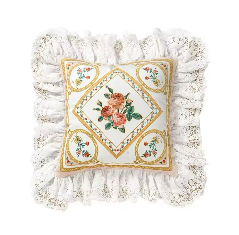 Floral Velvet Victorian French Bouquet Pink Princess Ruffle Hem Luxury Pillow Covers
