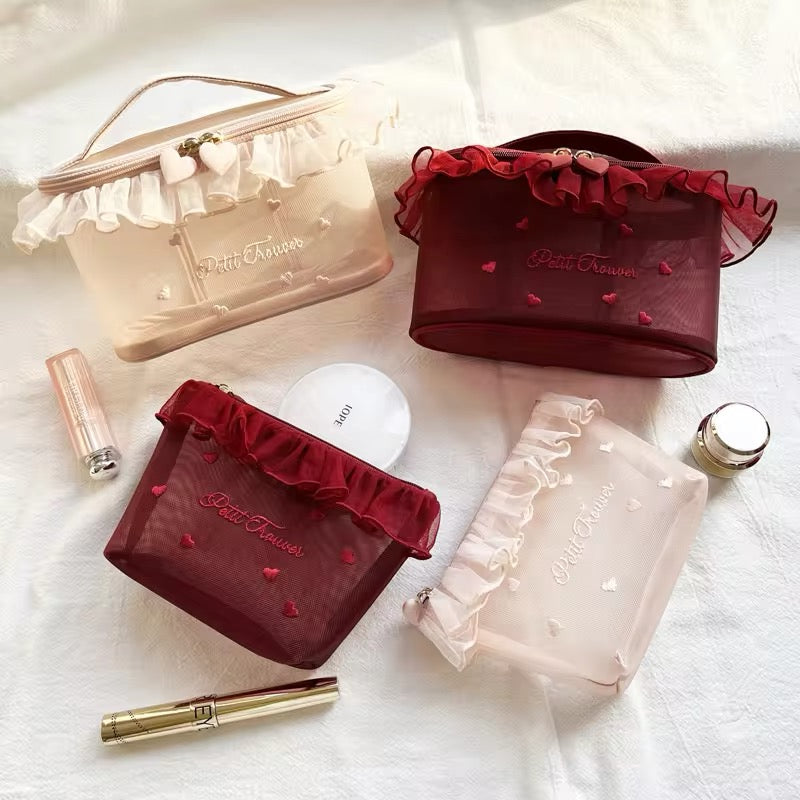 Petit Trouver Classic French Valentines Style Ruffle Mesh Lace Cosmetic Organiser Bag