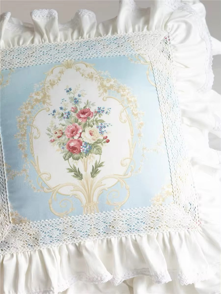 Pastel Blue Floral Pink Victorian French Bouquet Lace Princess Ruffle Hem Luxury Pillow Cover