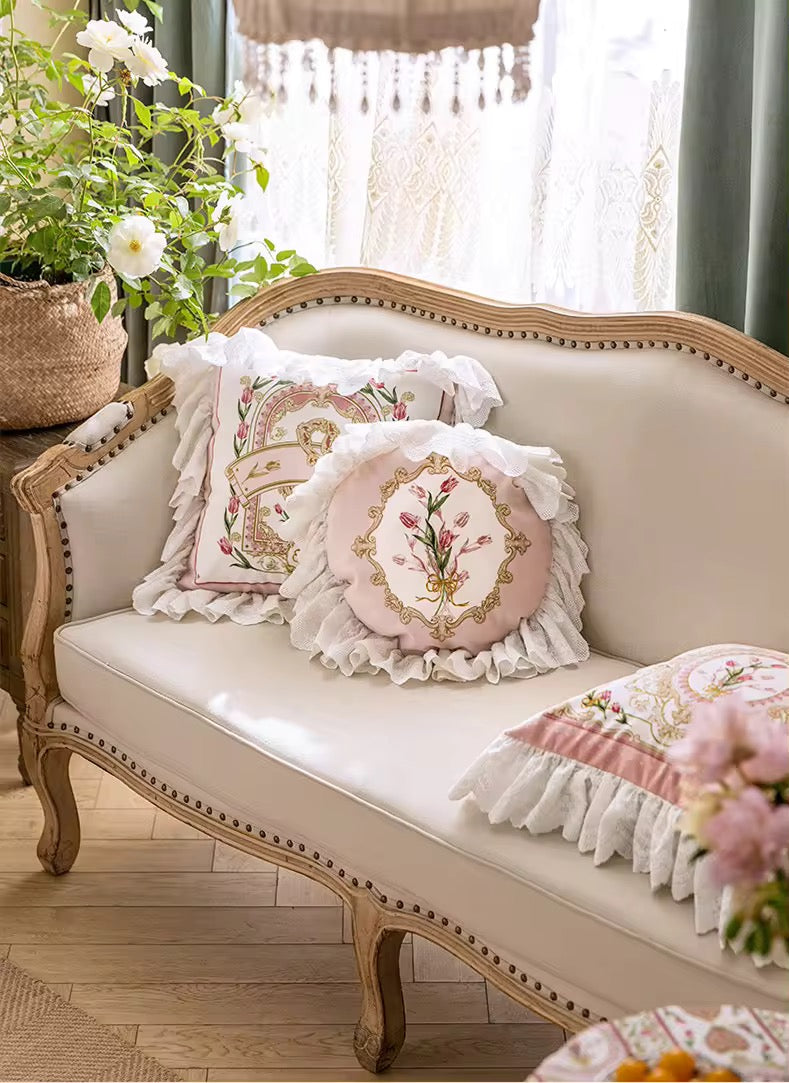 Floral Velvet Victorian French Bouquet Pink Princess Ruffle Hem Luxury Pillow Covers