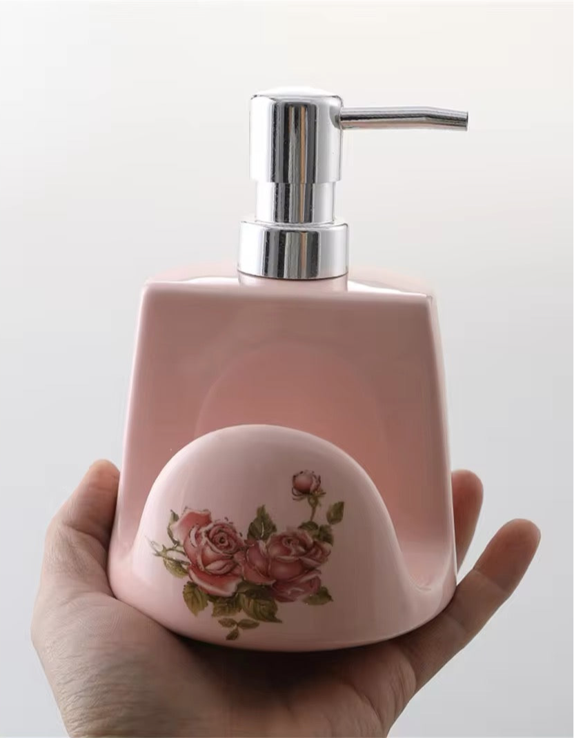 Baby Pink Soap Dispenser With Holder For Flannels Or Dish Scourer Ceramic Floral Decor