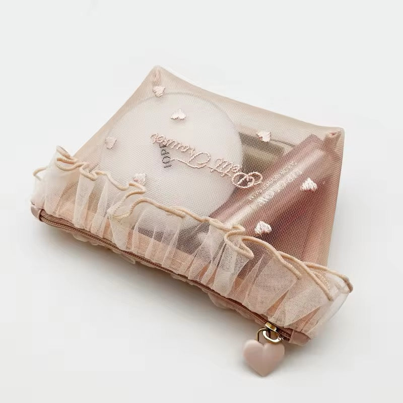 Petit Trouver Classic French Valentines Style Ruffle Mesh Lace Cosmetic Organiser Bag
