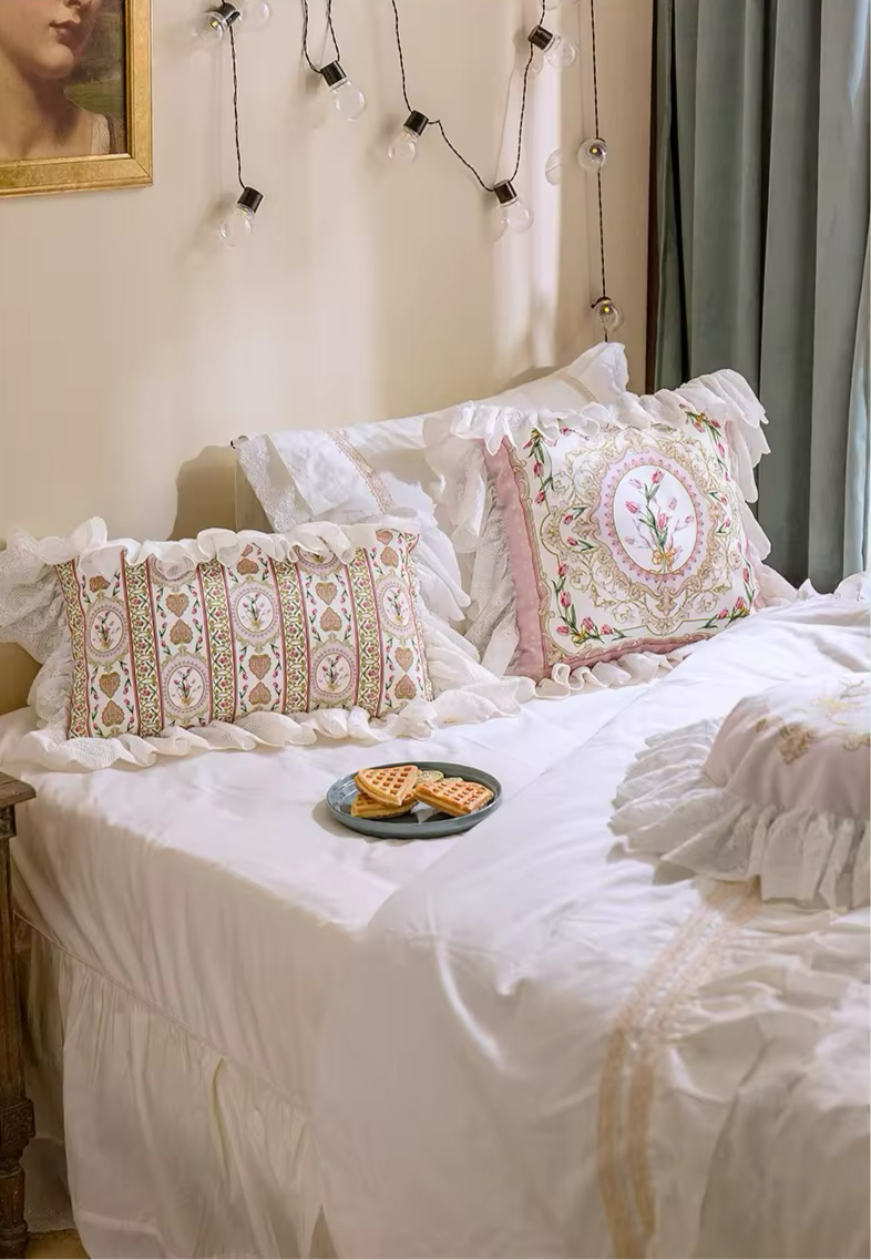Floral Velvet Victorian French Bouquet Pink Princess Ruffle Hem Luxury Pillow Covers