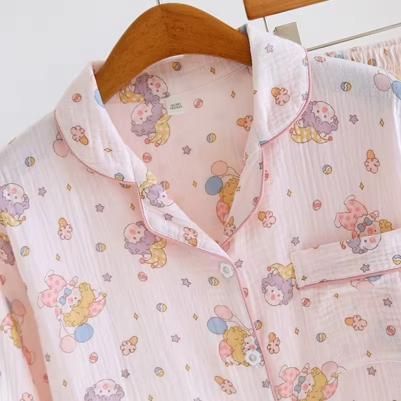 Beau Vie Womens Pyjamas Pastel Jester Print Cute Loose Soft Waffle Cotton Matching Set