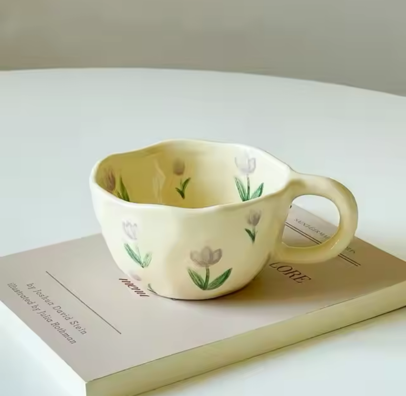 Cherry Blossom Floral Irregular Handmade Rustic Ceramic Porcelain Mug