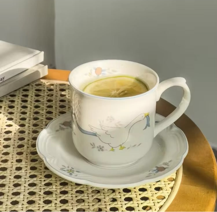 Vintage Illustration Ceramic Floral Porcelain Teacup Mug And Saucer Set