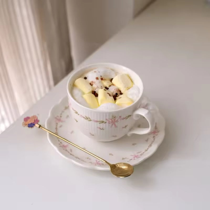 Floral Pink Ceramic Ribbon Porcelain Teacup And Saucer Set