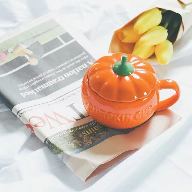 Autumn/Fall Vintage Pumpkin Large Ceramic Handmade Mug & Spoon Set