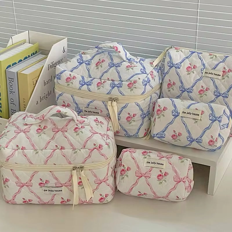 The Jolly House Quilted Cotton Coquette Style Bow Floral Cosmetic Organiser Bag 3 pcs Set