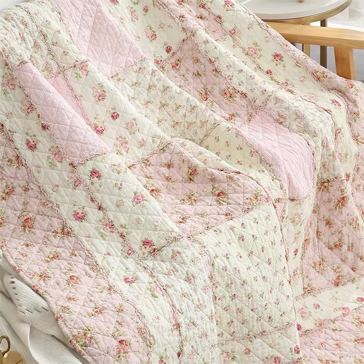Floral Patchwork Quilt Blanket Vintage Pattern Embroidered BedSpread