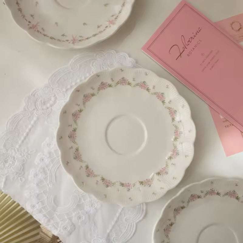 Floral Pink Ceramic Ribbon Porcelain Teacup And Saucer Set