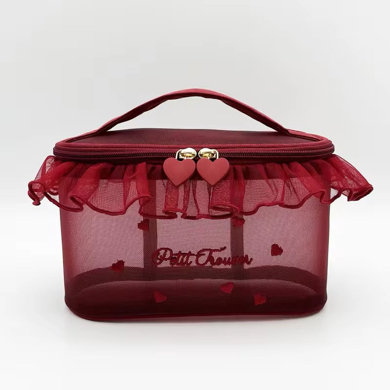 Petit Trouver Classic French Valentines Style Ruffle Mesh Lace Cosmetic Organiser Bag