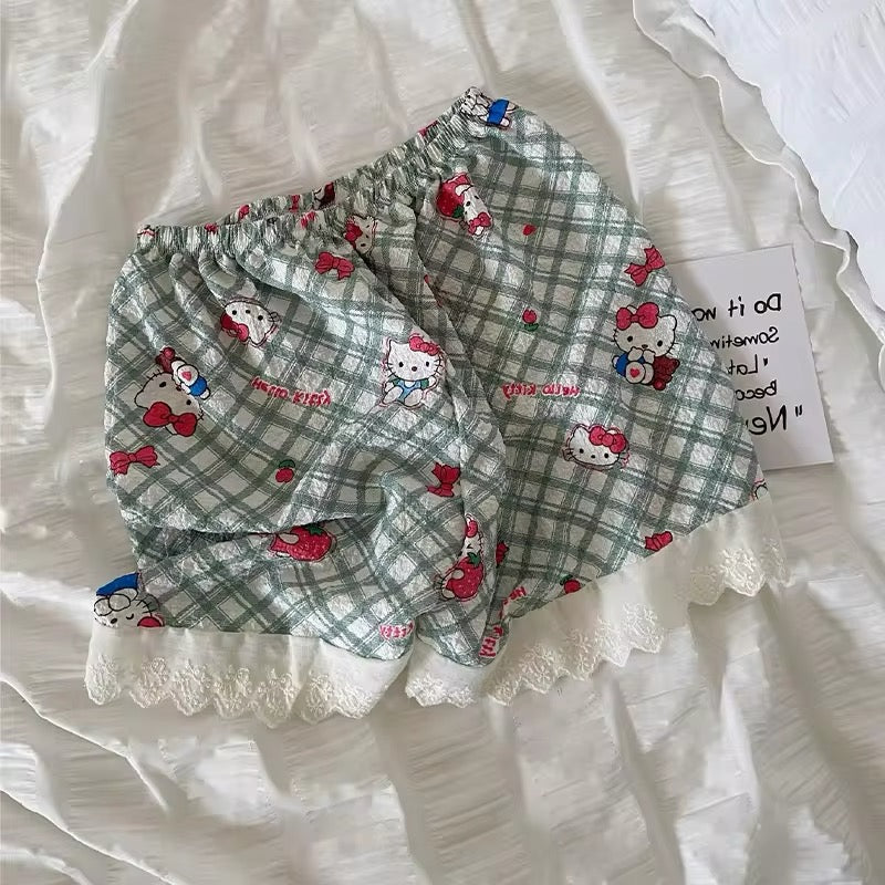 Sanrio Hello Kitty & Friends Womens Pyjamas Check Print Waffle Texture Loose Cotton Casual Stretch Shorts