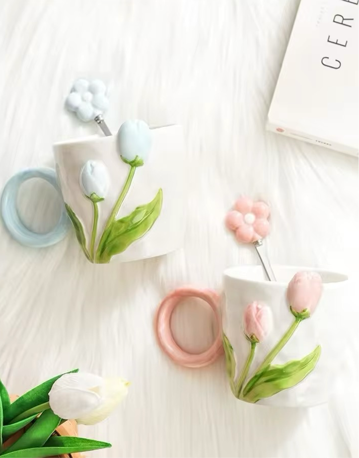 Tulip 3D Ceramic Porcelain Mug And Spoon Set