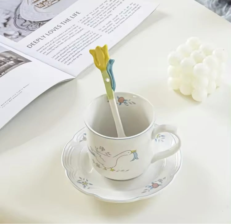 Vintage Illustration Ceramic Floral Porcelain Teacup Mug And Saucer Set