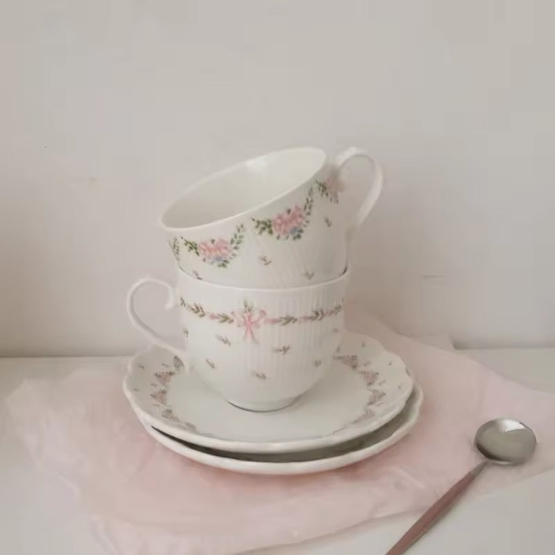 Floral Pink Ceramic Ribbon Porcelain Teacup And Saucer Set