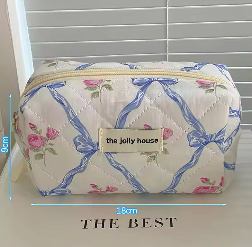 The Jolly House Quilted Cotton Coquette Style Bow Floral Cosmetic Organiser Bag 3 pcs Set