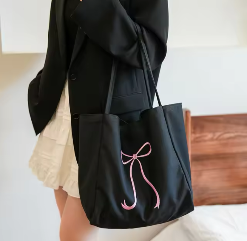 Embroidered Bow Ribbon Large Cotton Tote Shoulder Bag