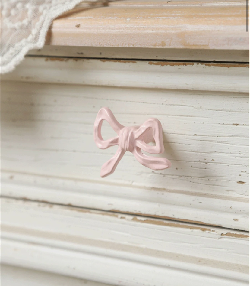 Pink Bow 2pc Iron French Ribbon Drawer Handle Vintage Coquette Style Door Knobs