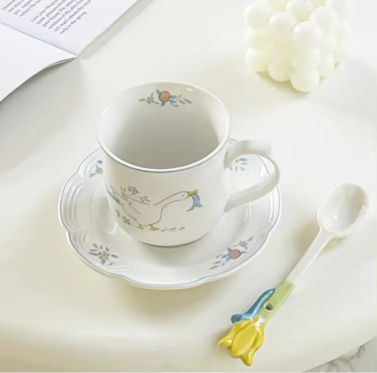 Vintage Illustration Ceramic Floral Porcelain Teacup Mug And Saucer Set