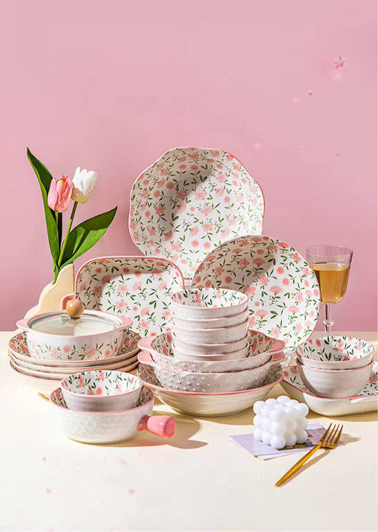 Floral Pink Porcelain Ceramic Tableware Set Vintage Style Kitchen Decor