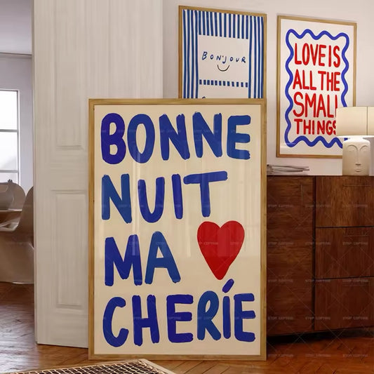 Elegant French Wall Art Print Red Heart 'Bonne Nuit Ma Cheríe' Art