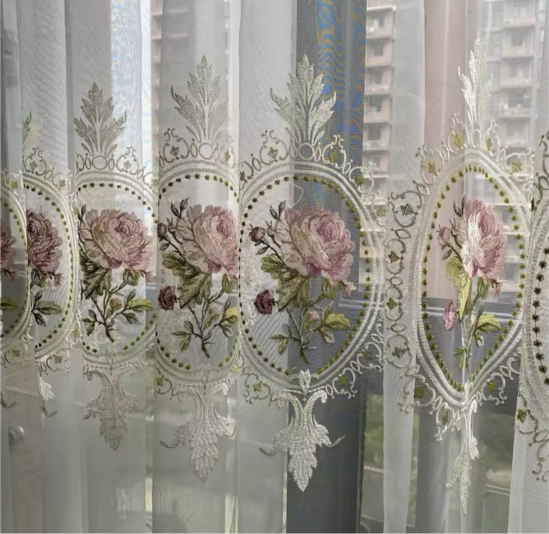 Embroidered Rose Lace Curtain Elegant Pink Floral Vintage Blinds Drapery