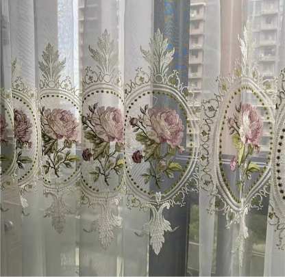 Embroidered Rose Lace Curtain Elegant Pink Floral Vintage Blinds Drapery
