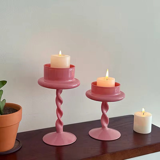Glass Pink Twisted Tealight Candle Holder Vintage French Coquette Style Decor