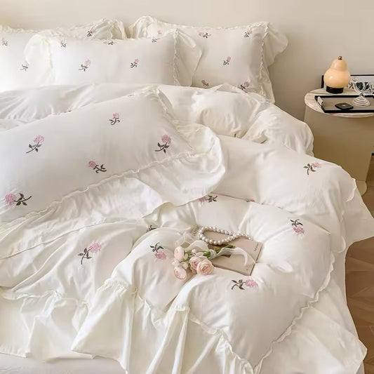 Pink English Rose Embroidered Frill Hem Soft Cotton Vintage Duvet Bedding Set