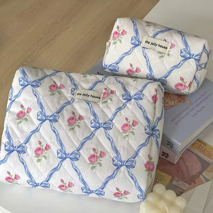 The Jolly House Quilted Cotton Coquette Style Bow Floral Cosmetic Organiser Bag 3 pcs Set
