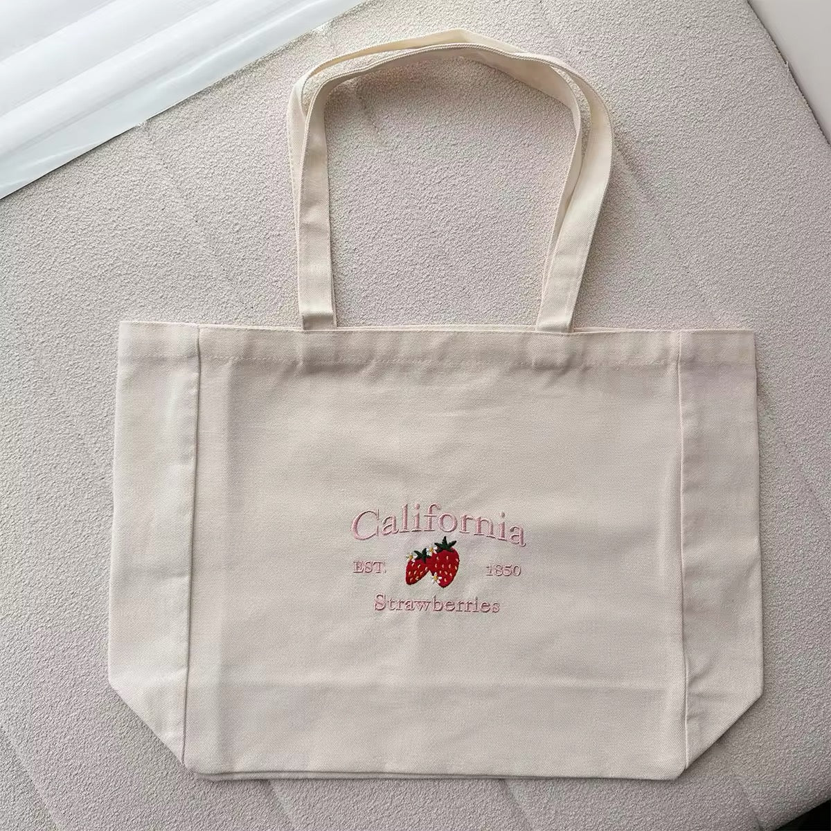 California Strawberries est. 1850 Canvas Baby Pink Embroidered Heavyweight Shopper Tote Bag