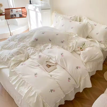Pink English Rose Embroidered Frill Hem Soft Cotton Vintage Duvet Bedding Set