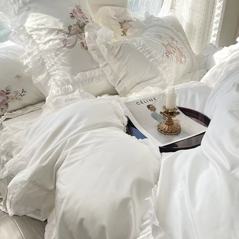 Floral Bouquet Pink English Rose Egyptian Cotton Vintage Ruffle hem Duvet Bedding Set