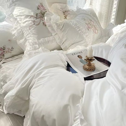 Floral Bouquet Pink English Rose Egyptian Cotton Vintage Ruffle hem Duvet Bedding Set