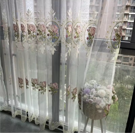 Embroidered Rose Lace Curtain Elegant Pink Floral Vintage Blinds Drapery