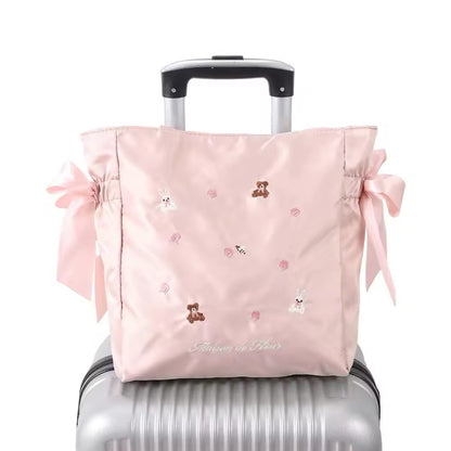Maison De FLEUR Satin Teddy Bear Embroidered Ribbon Large Shoulder Bag
