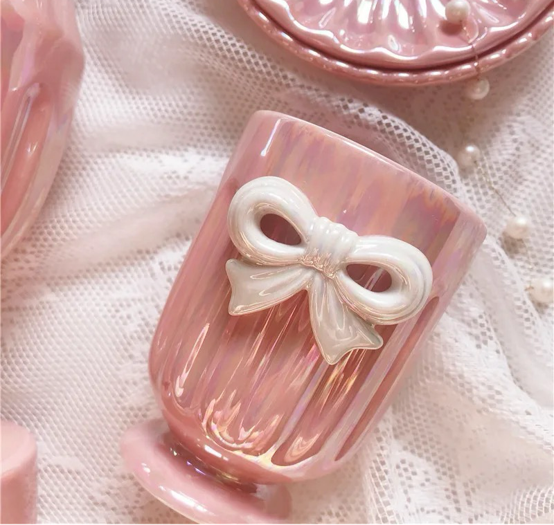 Pink Ribbon Bow Ceramic Glazed Bathroom Set French Style Decor