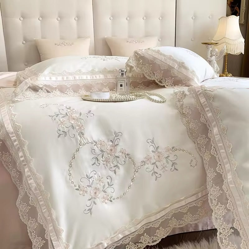 Floral Lace Pink Ribbon Satin Egyptian Cotton Vintage Embroidered Scalloped hem Duvet Bedding Set