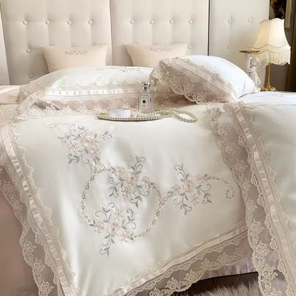 Floral Lace Pink Ribbon Satin Egyptian Cotton Vintage Embroidered Scalloped hem Duvet Bedding Set