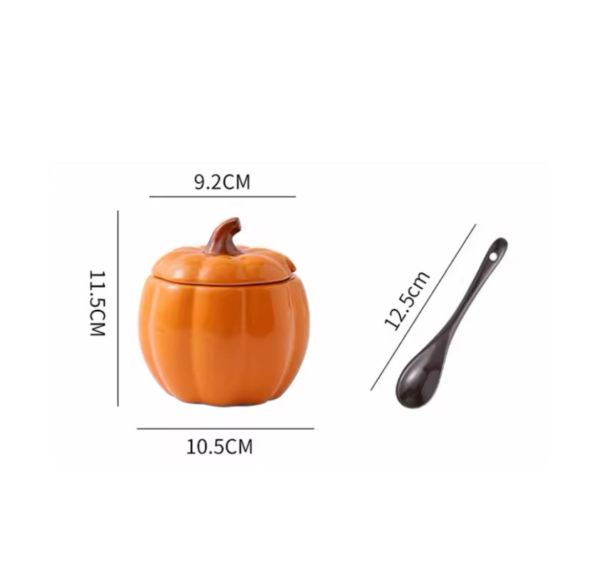 Autumn/Fall Vintage Pumpkin 3D Ceramic Handmade Sugar Bowl Jar & Spoon Set