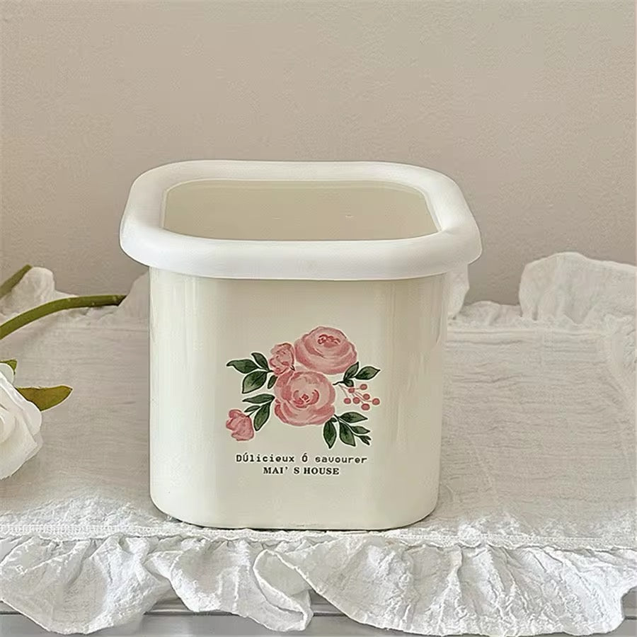 Enamel Pink Rose Vintage Cottagecore Removable Lid Storage Container Jar Kitchenware Decor
