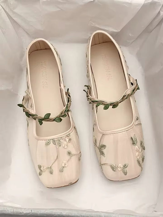 Enchanted Vines Beau Vie Pointe Ballet Flats Satin Embroidered Lace Slip On Square Toe Shoes