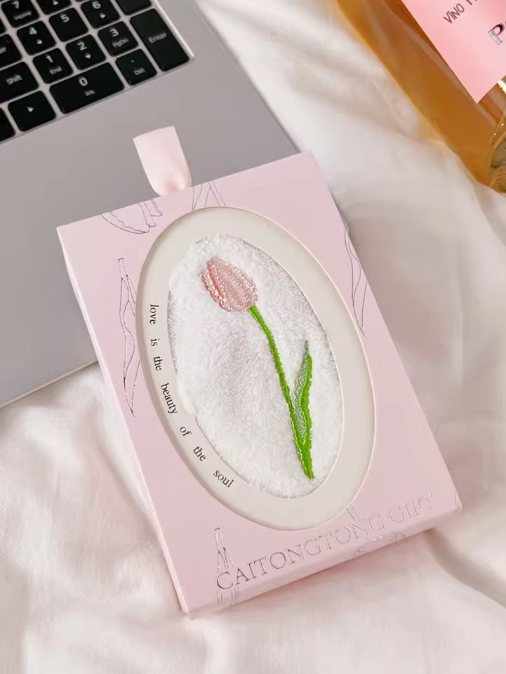 Tulip Pink Embroidered Hand Towel Gift Box Microfiber Flannel