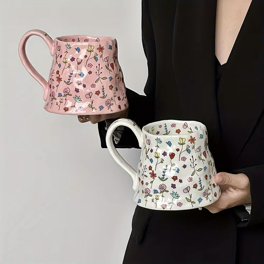 Baby Pink Extra Large Floral Ceramic Handmade Mug