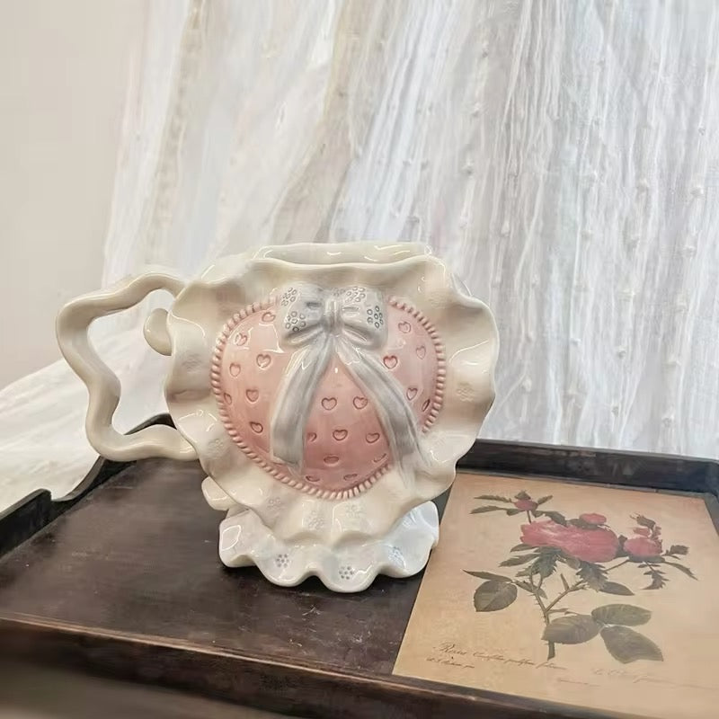 Ceramic Teapot Mug Set Pastel Pink Strawberry Bow Vintage Style Kitchen Decor