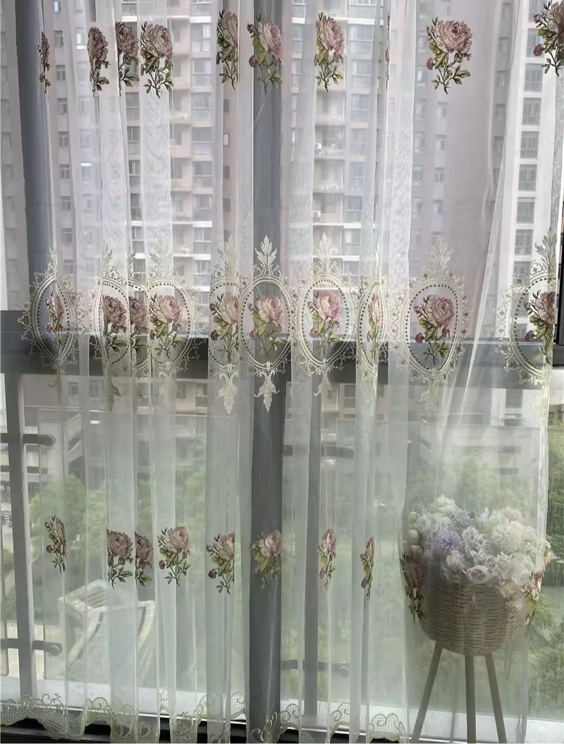 Embroidered Rose Lace Curtain Elegant Pink Floral Vintage Blinds Drapery