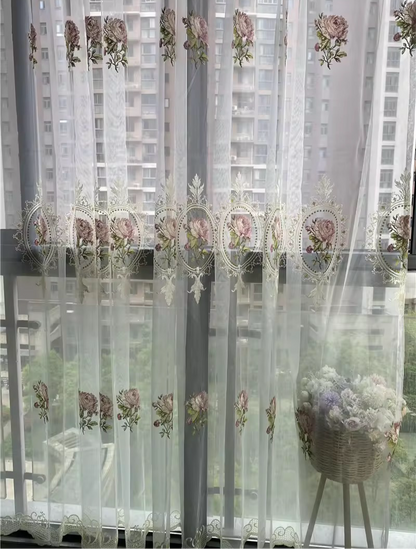 Embroidered Rose Lace Curtain Elegant Pink Floral Vintage Blinds Drapery