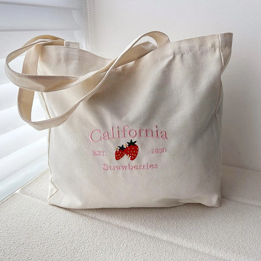 California Strawberries est. 1850 Canvas Baby Pink Embroidered Heavyweight Shopper Tote Bag